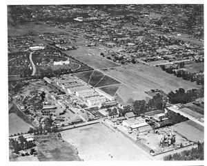 Aerial view of Brunton and Clune Studios and the Hollywood Memorial Park, 1918