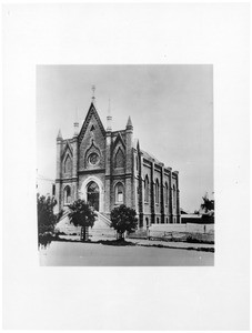 Exterior view of the first Jewish Synagogue in Los Angeles, located at 214 Fort Street between Second Street and Third Street, ca.1880