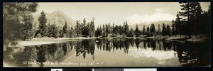 Panoramic view of Mount Shasta and Black Butte from Abrams Lake