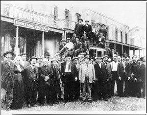 Tombstone stage and early citizens of old mining town, Tombstone, Arizona, 1915