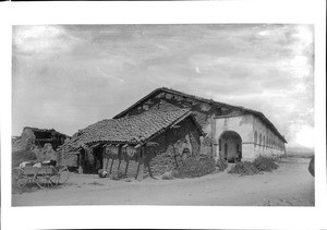 Exterior view of the east end of Mission San Fernando, ca.1890