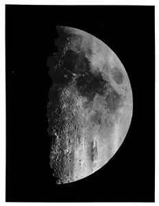 The quarter phase moon (i.e. half moon) taken from the Mount Lowe Observatory, ca.1920