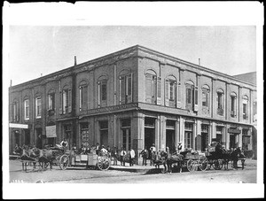 Wells Fargo Express Company building on the corner of Main Street and Market Street, ca.1890