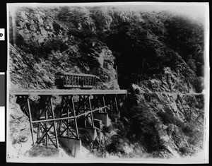 Mount Lowe Railway car on trestle, ca.1907