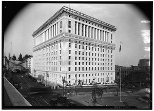 Exterior view of the Hall of Justice, showing a tunnel at left