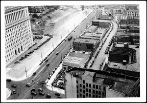 Birdseye view of the intersection of Spring Street and Temple Street, ca.1930-1960