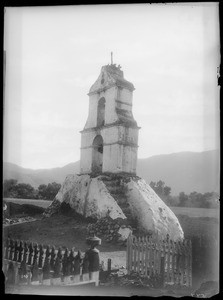 Rear of bell tower at Mission Asistencia of San Antonio at Pala, 1898
