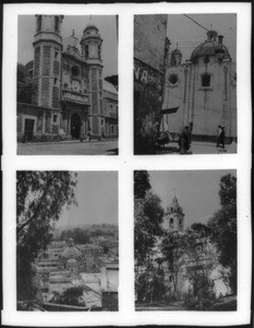 Four views of Mexican architecture and streetscapes, showing churches