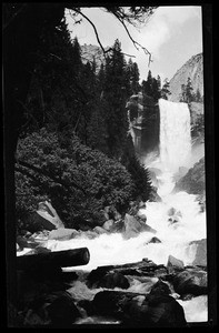 Wide waterfall flowing into a river, showing logs near foreground, Yellowstone National Park, Wyoming