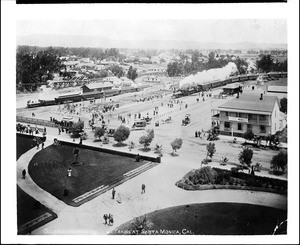 Birdseye view of Santa Monica, showing Southern Pacific excursion trains