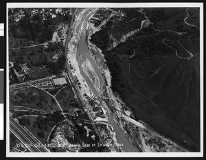 Aerial view of flooding of the Arroyo Seco at Sycamore Grove, ca.1930