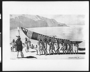 Drawing of Indians portaging a canoe