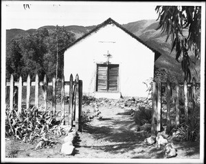 Exterior view of a Pauma Indian Mission Church from the front, ca.1900