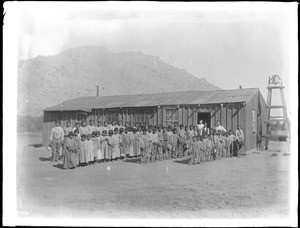 Walapai Indian children in front of a school house, Hackbury, Arizona, ca.1905