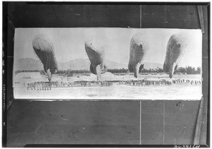 View of four dirigibles at the balloon school in Arcadia, ca.1918