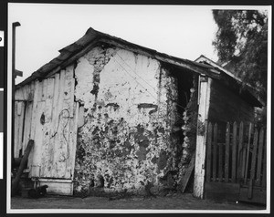 Exterior view of a deteriorating adobe on Villa Creek, San Luis Obispo County, ca.1900