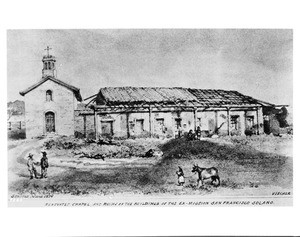 Drawing (painting?) by Edward Vischer depicting the renovated chapel and ruins of the ex Mission San Francisco Solano, June 1874