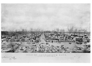 Lithograph depicting the city of Sacramento during the flood of 1850