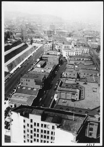 Birdseye view of Spring Street and the surrounding area, showing Bunker Hill, ca.1930-1960