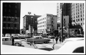 Looking south on Hope Street from Wilshire, showing the Victoria Hotel and YMCA, 1960