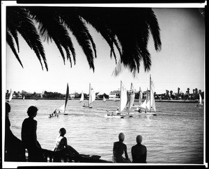 View of sailboats on Long Beach's Alamitos Bay, 1960