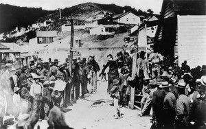 Effigy hanging at New Almaden Mining Camp, ca.1930 (1900?)