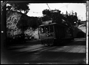 Streetcar running between Seventh Street and Hope Street in Los Angeles