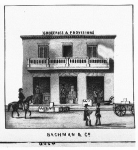 Lithograph of a drawing of an exterior view of the Bachman and Company Store, Los Angeles, 1857