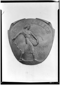 View of the Scripps College seal on the side of a building in Claremont, October 1935