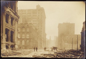 San Francisco earthquake damage, showing the ruins of buildings on the California Street hill from Sansome Street, 1906