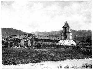 General view of Mission Asistencia of San Antonio at Pala, California, showing the main front and bell tower, ca.1903