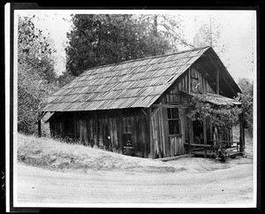 Exterior view of a cabin built by James Marshall, Coloma, ca.1930