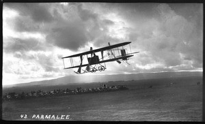 Aviator Philip Orin Parmelee aloft in a "Baby Wright" biplane at the Dominguez Hills Air Meet, 1912