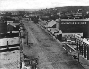 View of Spring Street looking south from Temple Block, Los Angeles, ca.1876