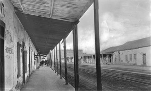 Covered sidewalk looking north along North Broadway from Sunset Boulevard, Los Angeles, ca.1892