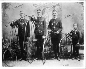 Portrait of the of Los Angeles bicycle champions, ca.1888