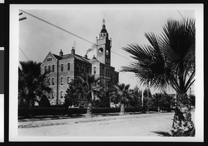 Exterior view of San Bernardino High School, seen from across the street, ca.1900