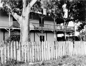 Exterior view of an adobe on Rancho Las Flores, built by M.A. Foster, located 6 miles north of Oceanside, east of main road, 1870-1880