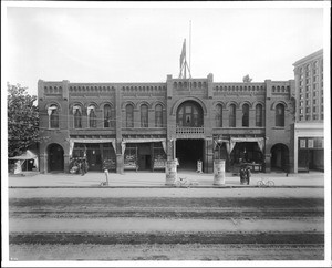 Exterior view of the Burbank Theater, taken from the east side of Main Street and north of Sixth Street, ca.1903