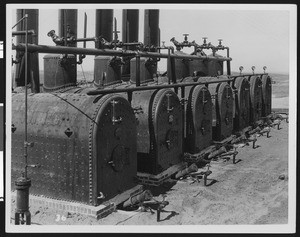 Close-up of Pacific Western Oil co. boilers at the Kettleman Hills Oil Field, ca.1931