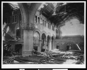 Inside a church, Stanford University after the 1906 earthquake, 1906-1907