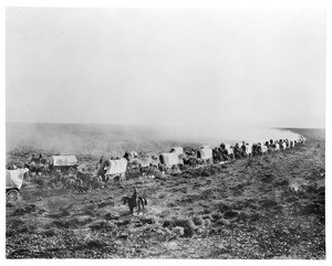 Train of covered wagons on the Santa Fe Trail