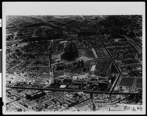 Aerial view of construction of the main building of Los Angeles County General Hospital