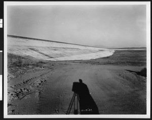 Inside of the Cajalco Reservoir, showing the height of the levee (ninety feet), Riverside, November 19, 1939