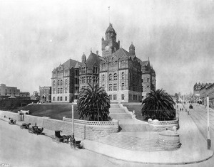 Exterior view of the Los Angeles County Courthouse and Jail on Temple Street, ca.1904
