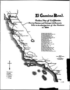 Outline map of California showing missions and principal settlements prior to secularization of the missions in 1834