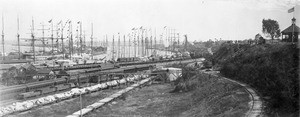 View of San Pedro Harbor, showing a gazebo on a hill at right