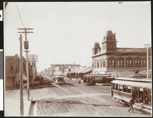 Phoenix Railway Company streetcars at the intersection of Washington Street and First Street in Phoenix, Arizona