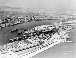 Aerial view of the Port of Los Angeles looking up the channel, 1935