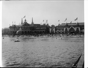 View of Santa Cruz Beach Boardwalk's Casino and Plunge buildings from the pier, ca.1907-1911